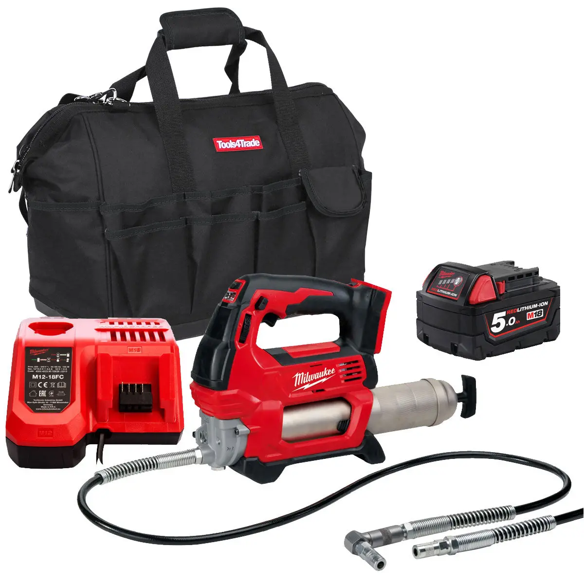 Milwaukee M18gg-0 18V M18 Grease Gun With 1 X 5.0Ah Battery Charger & Bag 1