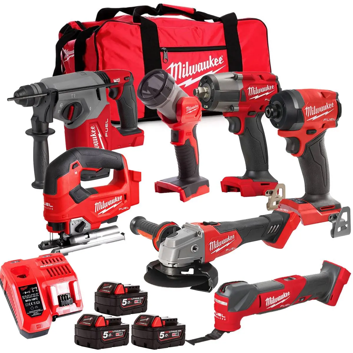 Milwaukee M18fpp6l3-503Bk23 18V Brushless 7 Piece Tool Kit With 3 X 5.0Ah Batteries Charger & Wheeled Bag 1