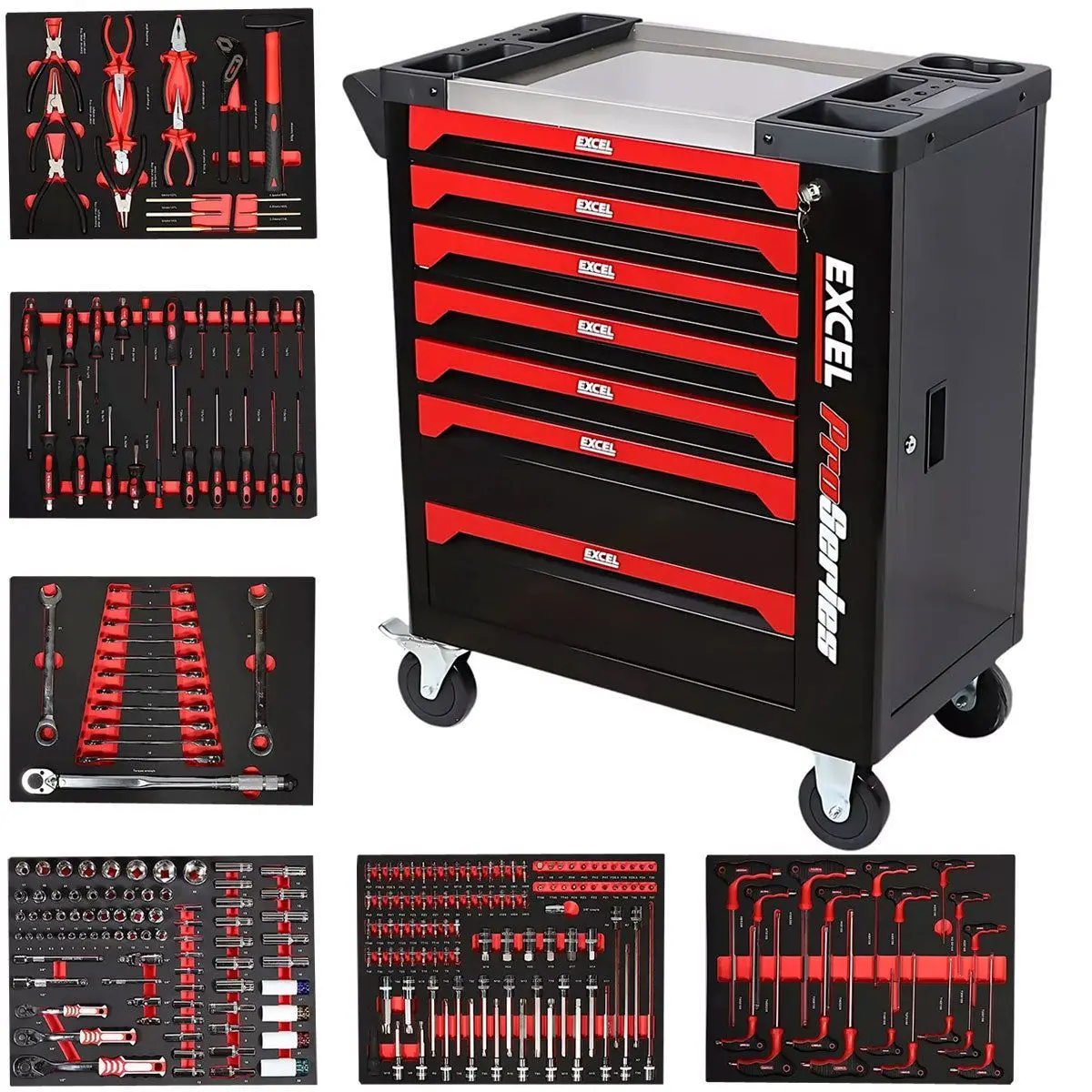 Excel 7 Drawer Tool Chest Storage Roller Cabinet With 249 Piece Tool Set 1