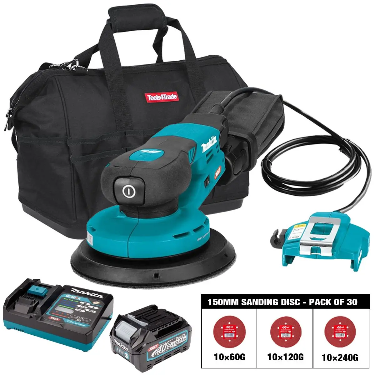 Makita Bo002cgz 40Vmax Xgt 150Mm Brushless Random Orbit Sander With Sanding Disc 60G, 120G, 240G Pack Of 30 & 1 X 2.5Ah Battery, Charger & Bag 1
