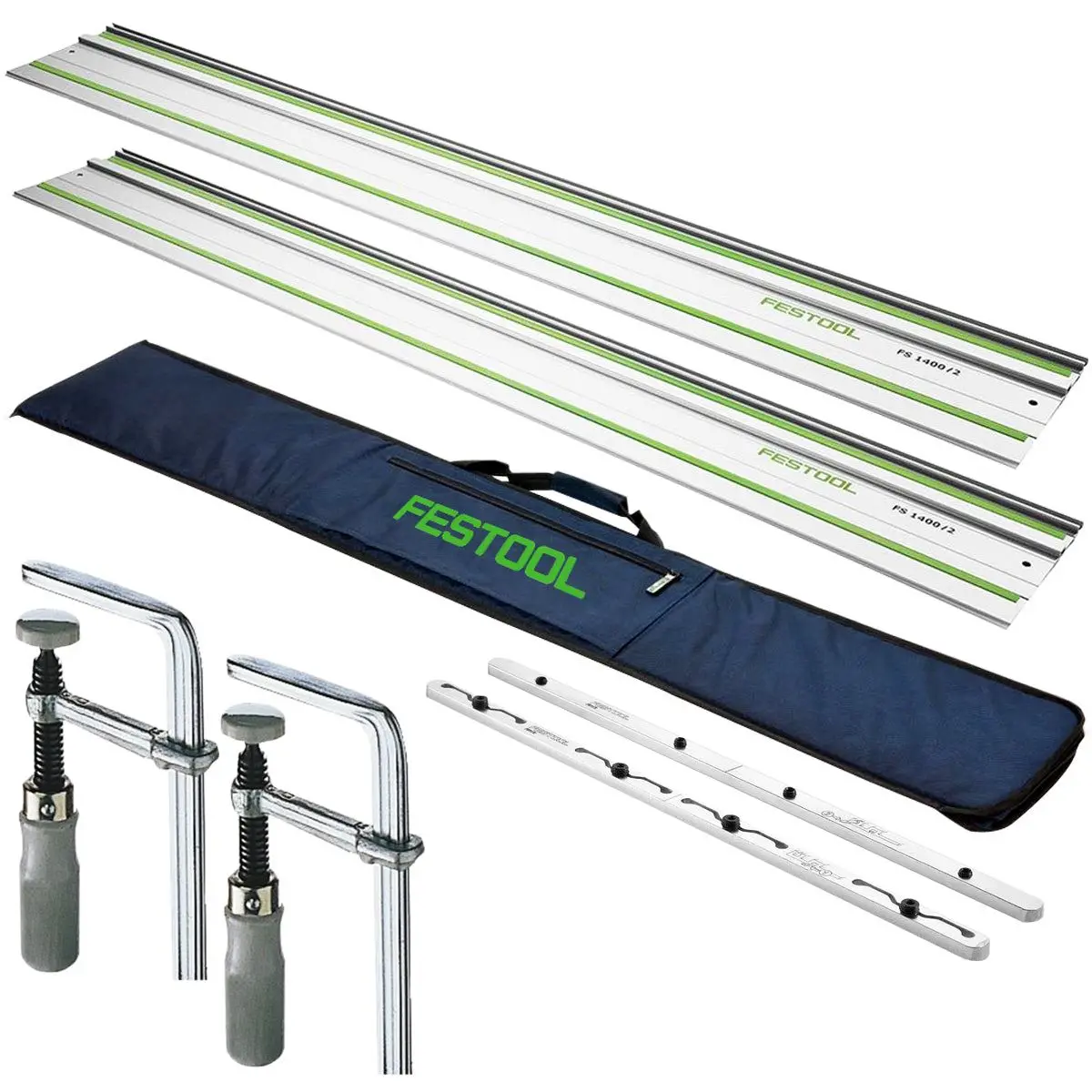 Festool 2 X Fs 1400/2 1400Mm Guide Rail - 491498 With Connector, Clamp & Guide Rail Bag 1