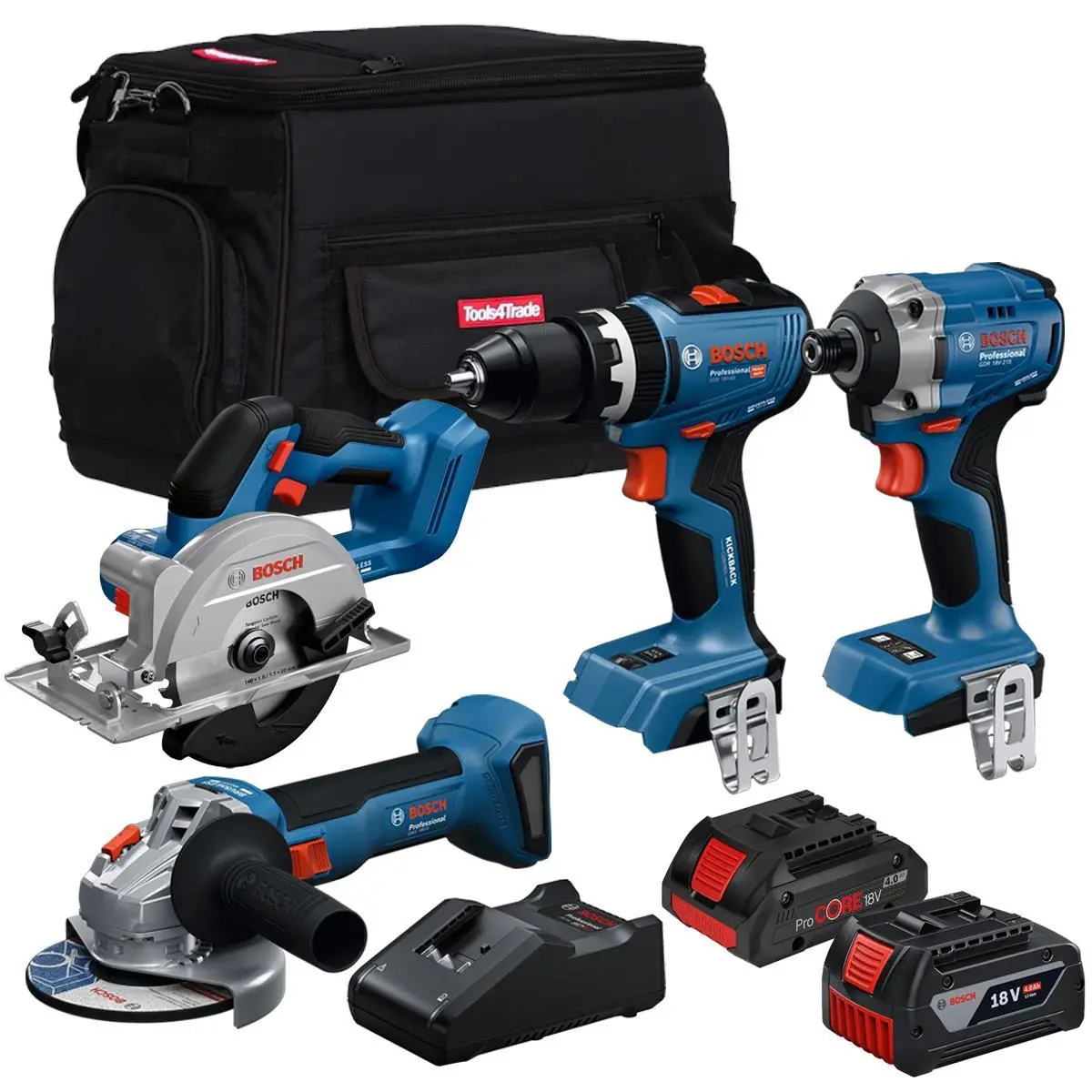 Bosch 18V 4 Piece Brushless Combo Tool Kit With 2 X Batteries & Charger T4tkit-28127 1