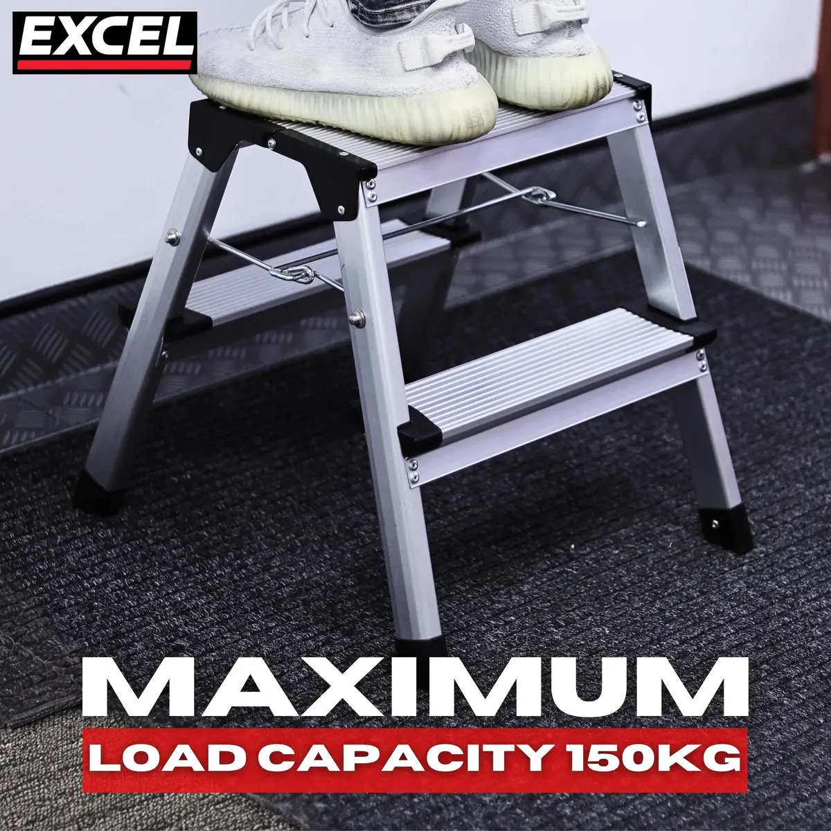 Excel Aluminium Stool Ladder 2 Tread Heavy Duty Folding Hop Up 350Mm X 400Mm 2