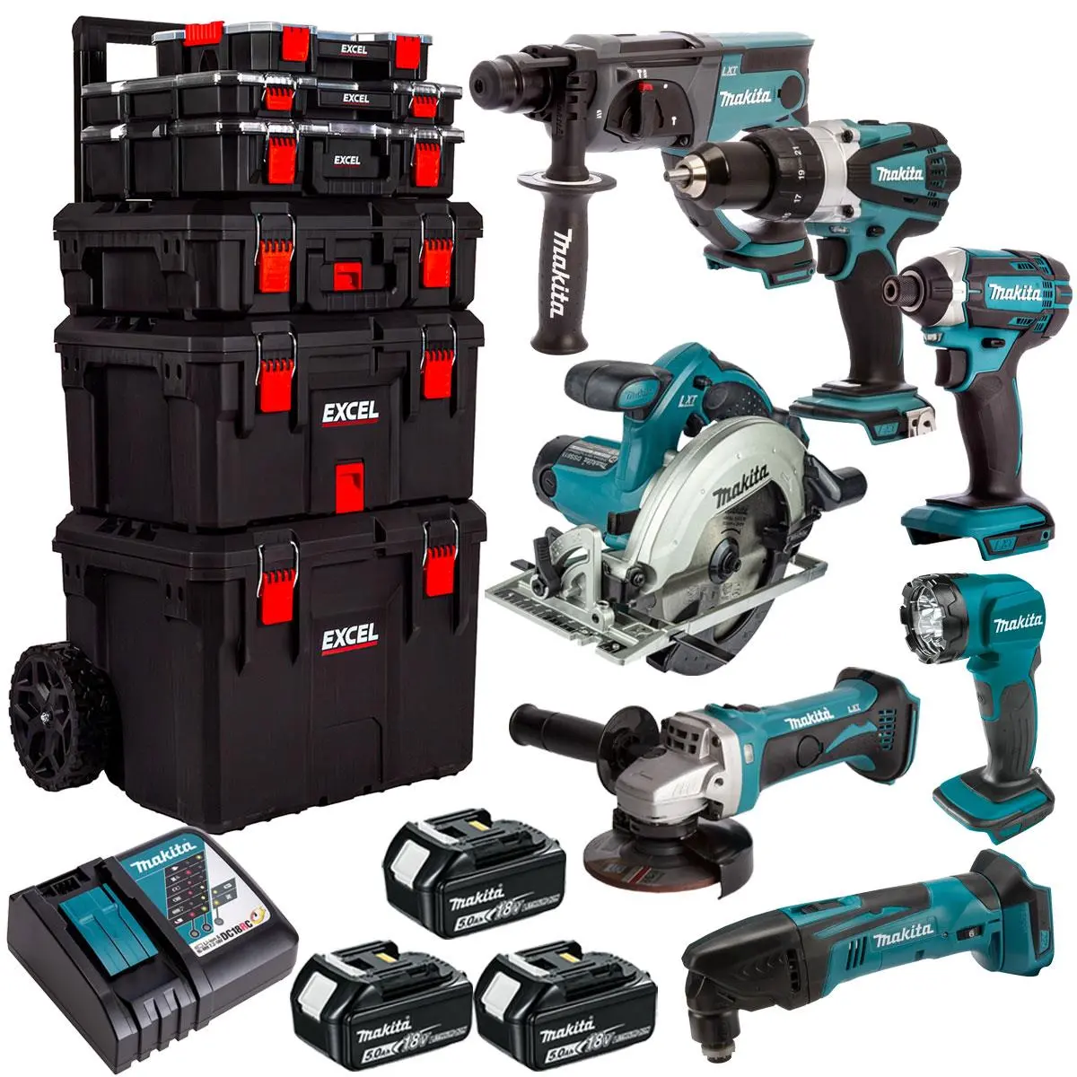 Makita 18V 7 Piece Power Tool Kit With 3 X 5.0Ah Battery & Trolley Toolbox 1