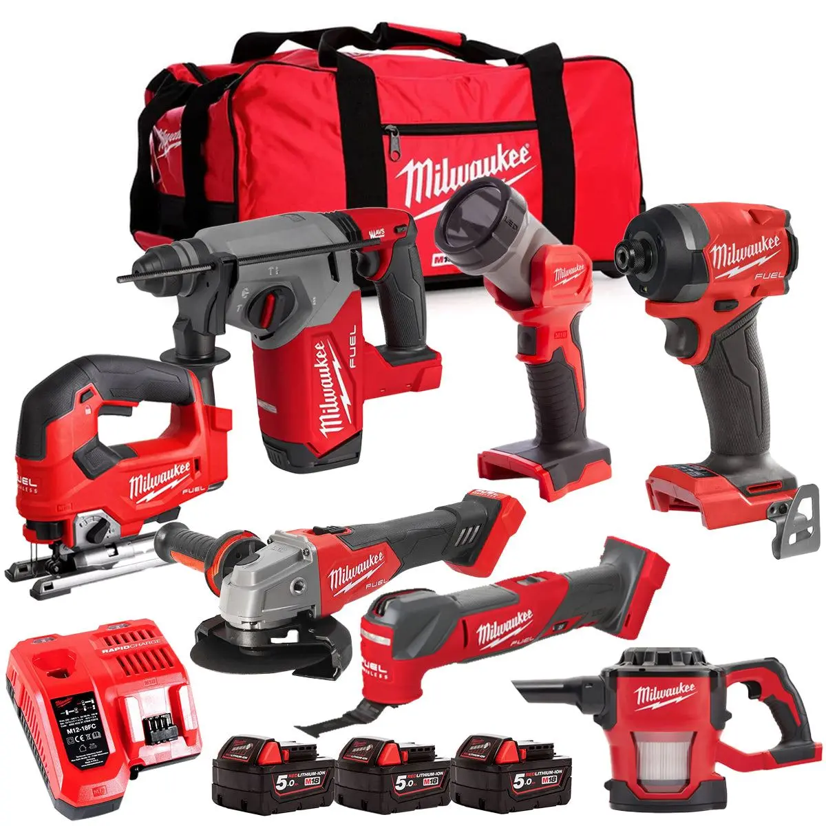 Milwaukee M18fpp6l3-503Bk12 18V 7 Piece Tool Kit With 3 X 5.0Ah Batteries Charger & Wheeled Bag 1