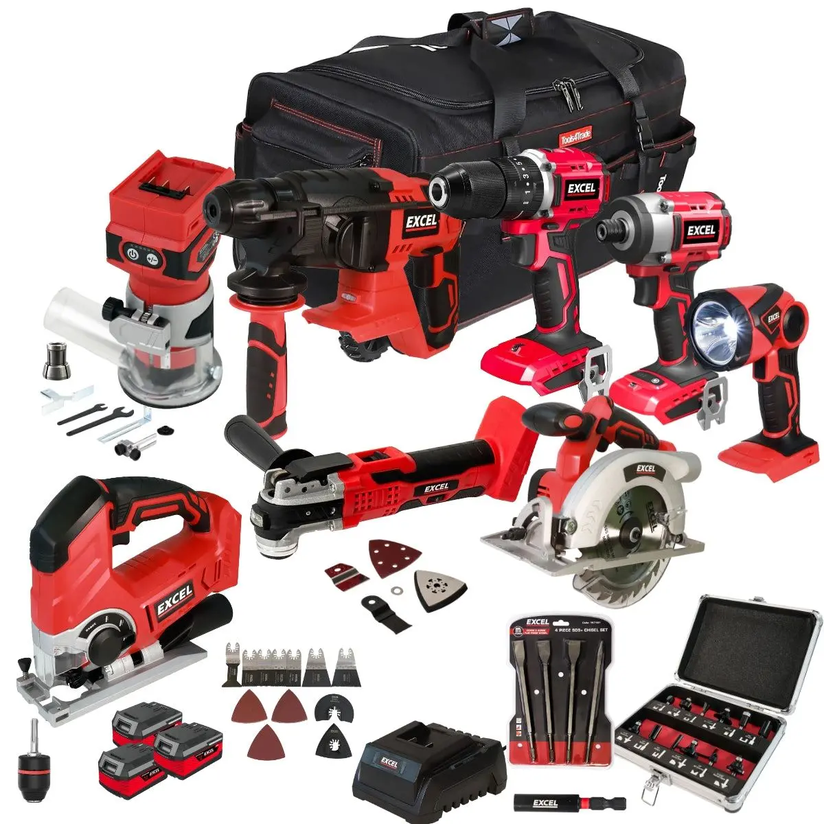 Excel 18V 8 Piece Power Tool Kit With 3 X 4.0Ah Battery Charger & Accessories Exlkit-17313 1