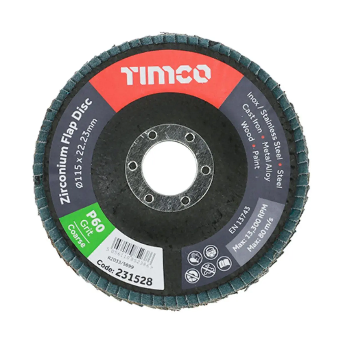 Timco 115Mm Heavy Duty Zirconium Flap Disc P60 Grit - 231528 1