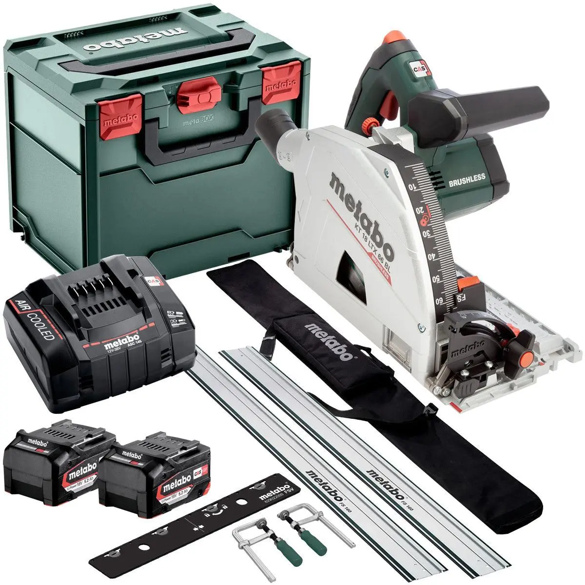 Metabo Kt 18 Ltx 66 Bl 18V Brushless Plunge Saw With 2 X 5.2Ah Battery Charger & 1600Mm Guide Rail Kit 1