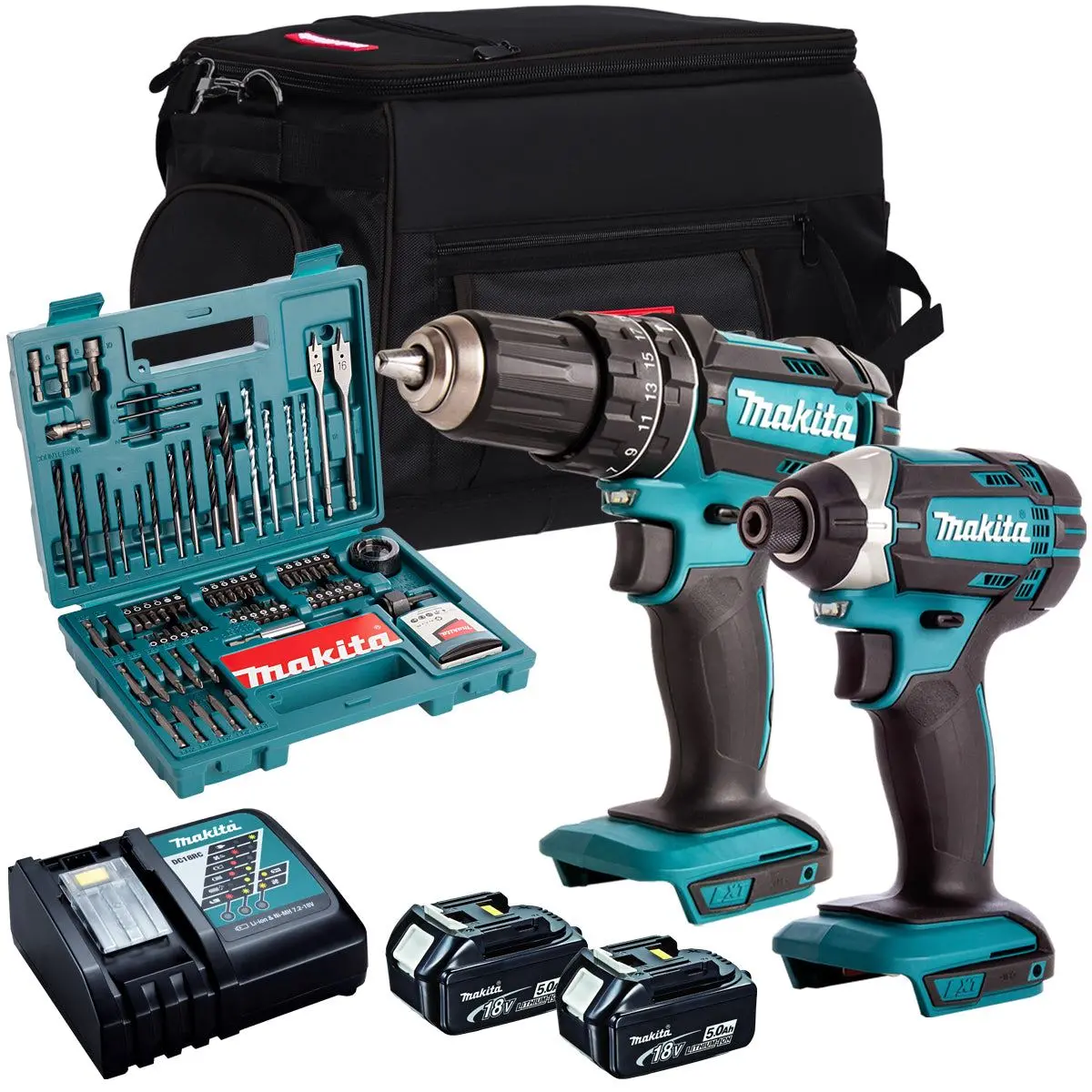 Makita 18V Impact Driver & Combi Drill With 2 X 5.0Ah Battery Charger & Accessories Set T4tkit-793 1