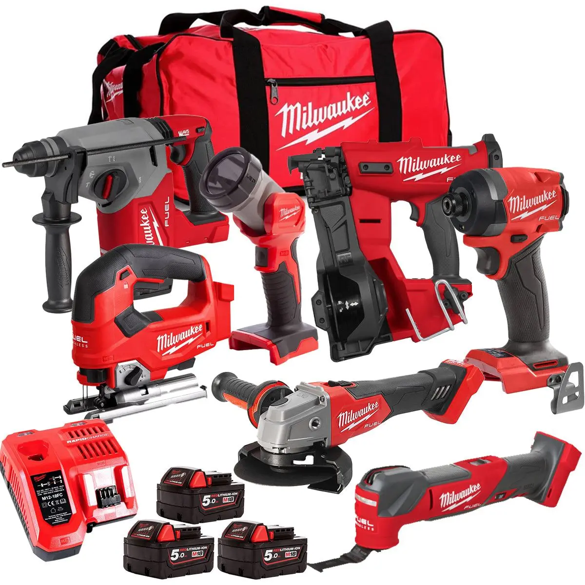 Milwaukee M18fpp6l3-503Bk19 18V Brushless 7 Piece Tool Kit With 3 X 5.0Ah Batteries Charger & Wheeled Bag 1