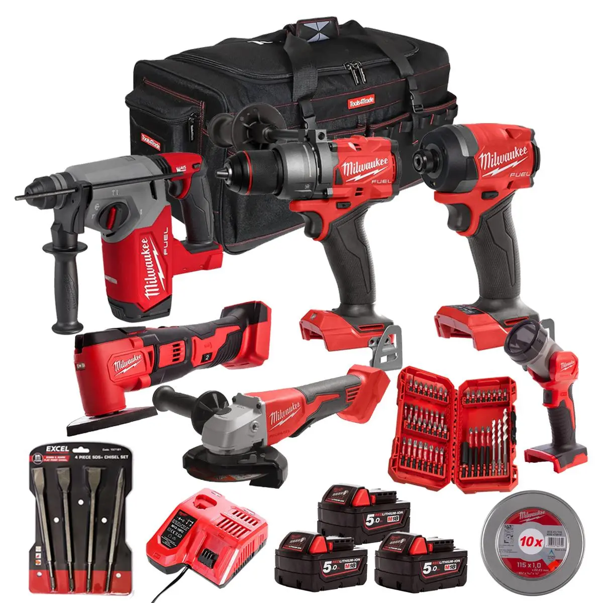 Milwaukee M18fpp6p3-503Ba 18V 6 Piece Tool Kit With 3 X 5.0Ah Battery, Charger & Accessories Set 1