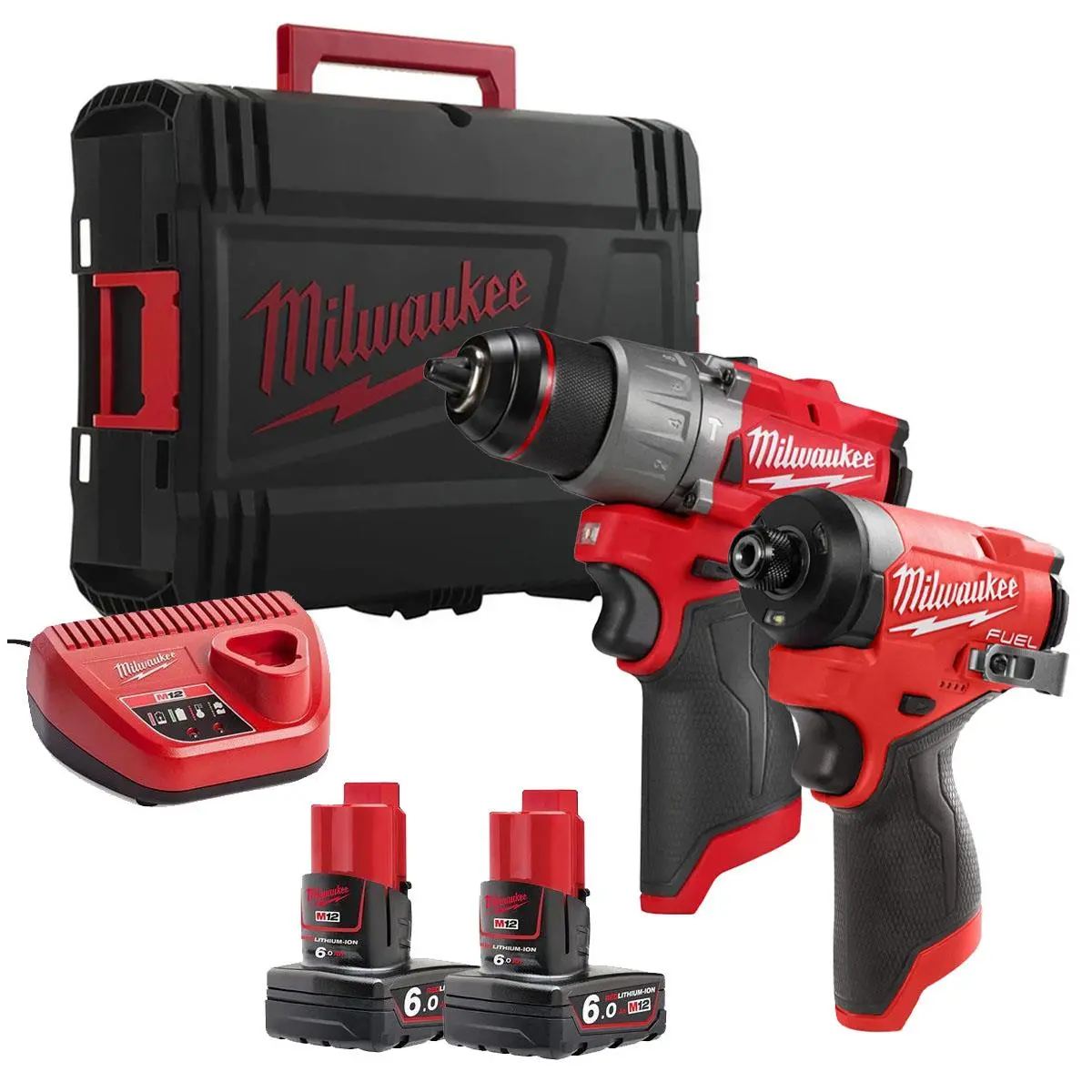 Milwaukee M12fpp2a2-602X 12V Fuel Brushless Combi Drill & Impact Driver With 2 X 6.0Ah Batteries Charger & Empty Tool Box (Without Inlay) 1