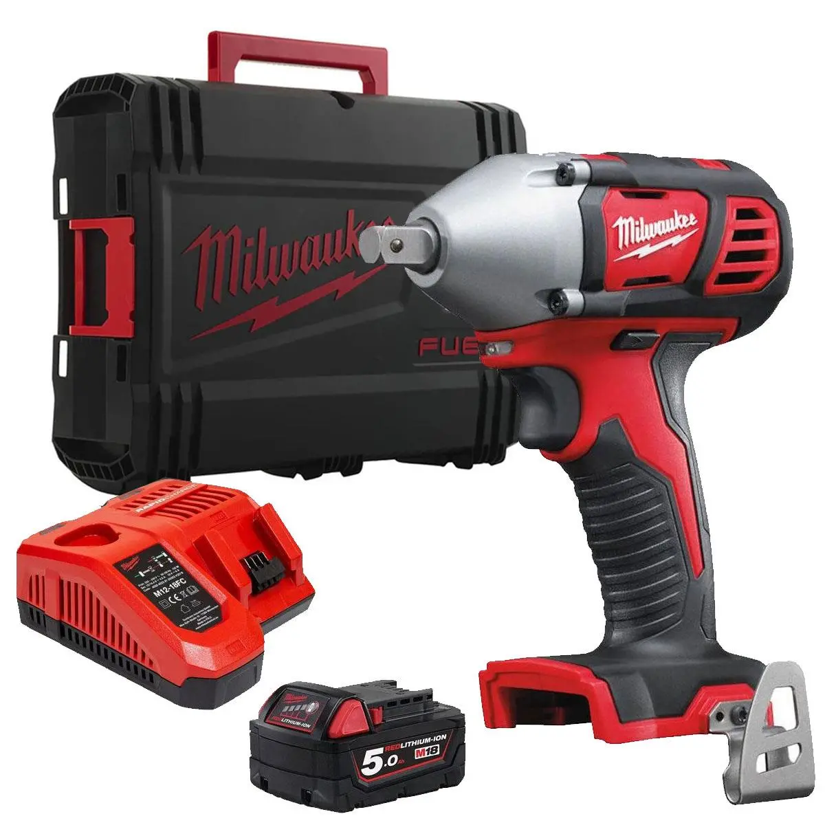 Milwaukee M18biw12-0 18V 1/2In Impact Wrench With 1 X 5.0Ah Battery Charger & Empty Case 1