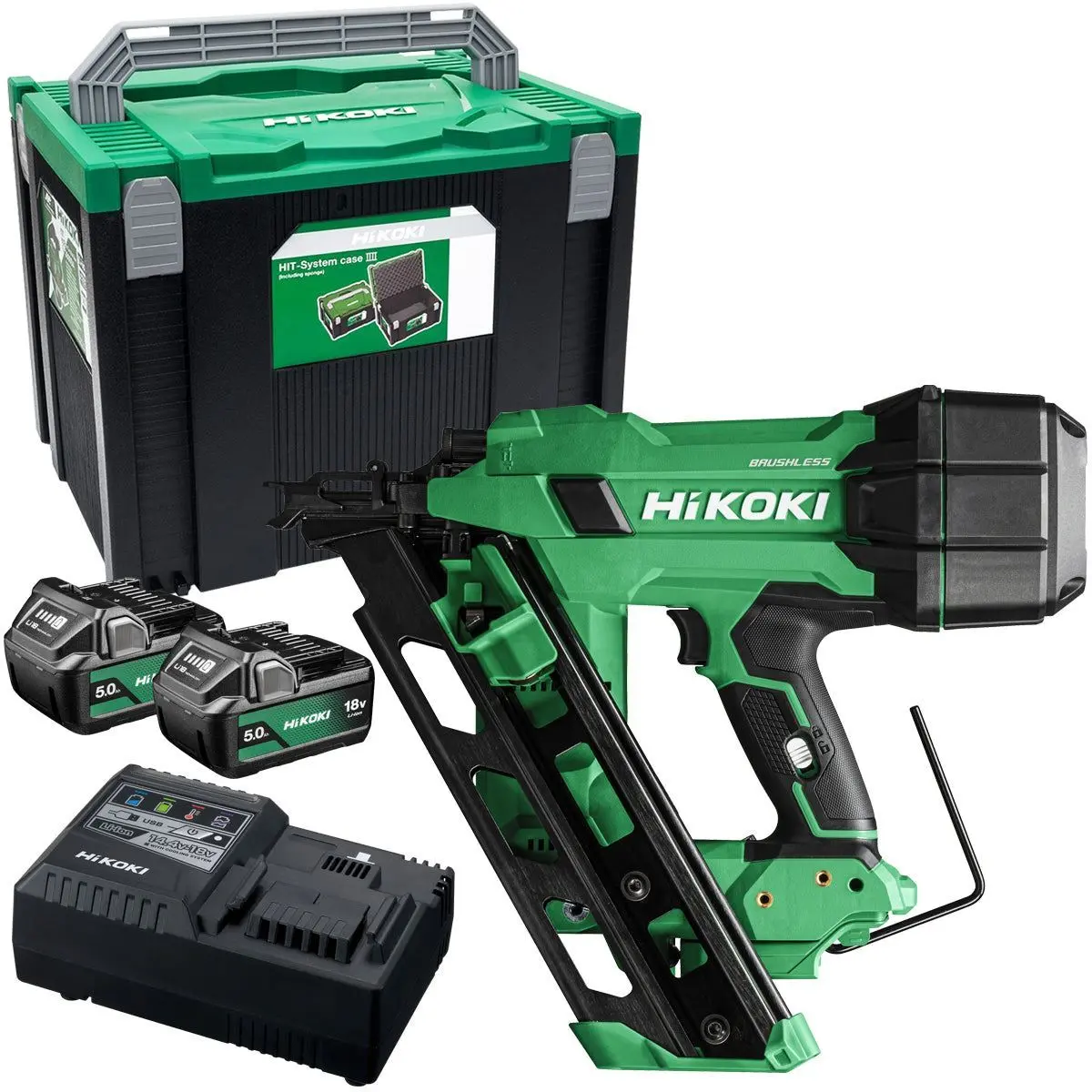 Hikoki Nr1890dcajpz 18V Brushless 2Nd Generation 90Mm Clipped Head Framing Nailer With 2 X 5.0Ah Battery Charger & Case 1