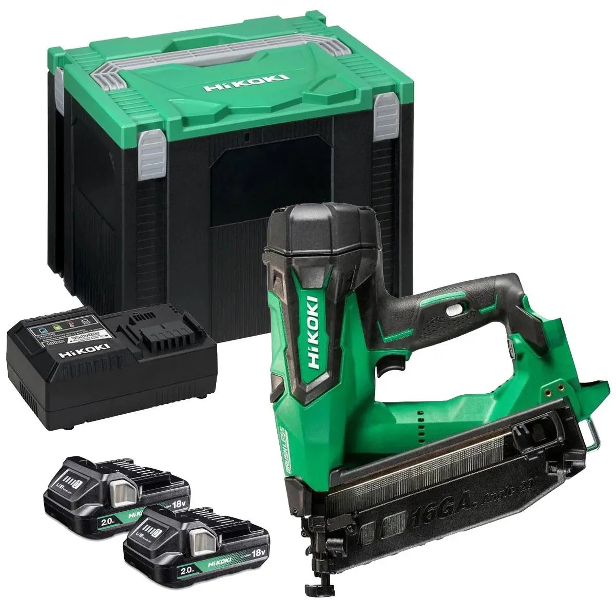 Hikoki Nt1865dmbj4z 18V Brushless 16G Second Fix Angled Finish Nailer With 2 X 2.0Ah Battery, Charger & Case 1
