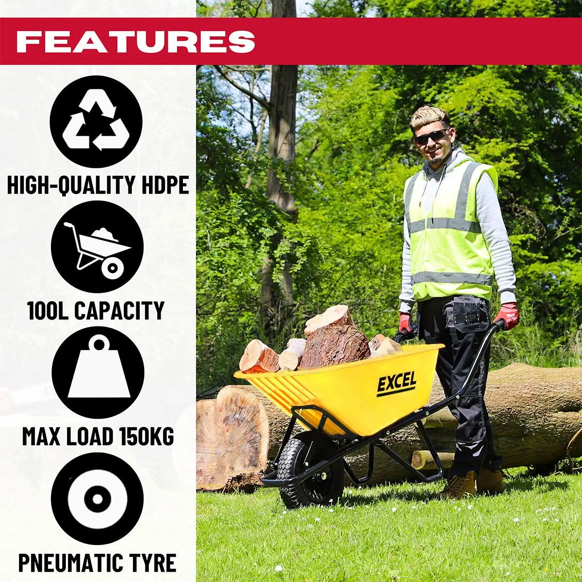 Excel Heavy Duty Wheelbarrow With 100L Hdpe Tray Yellow 2
