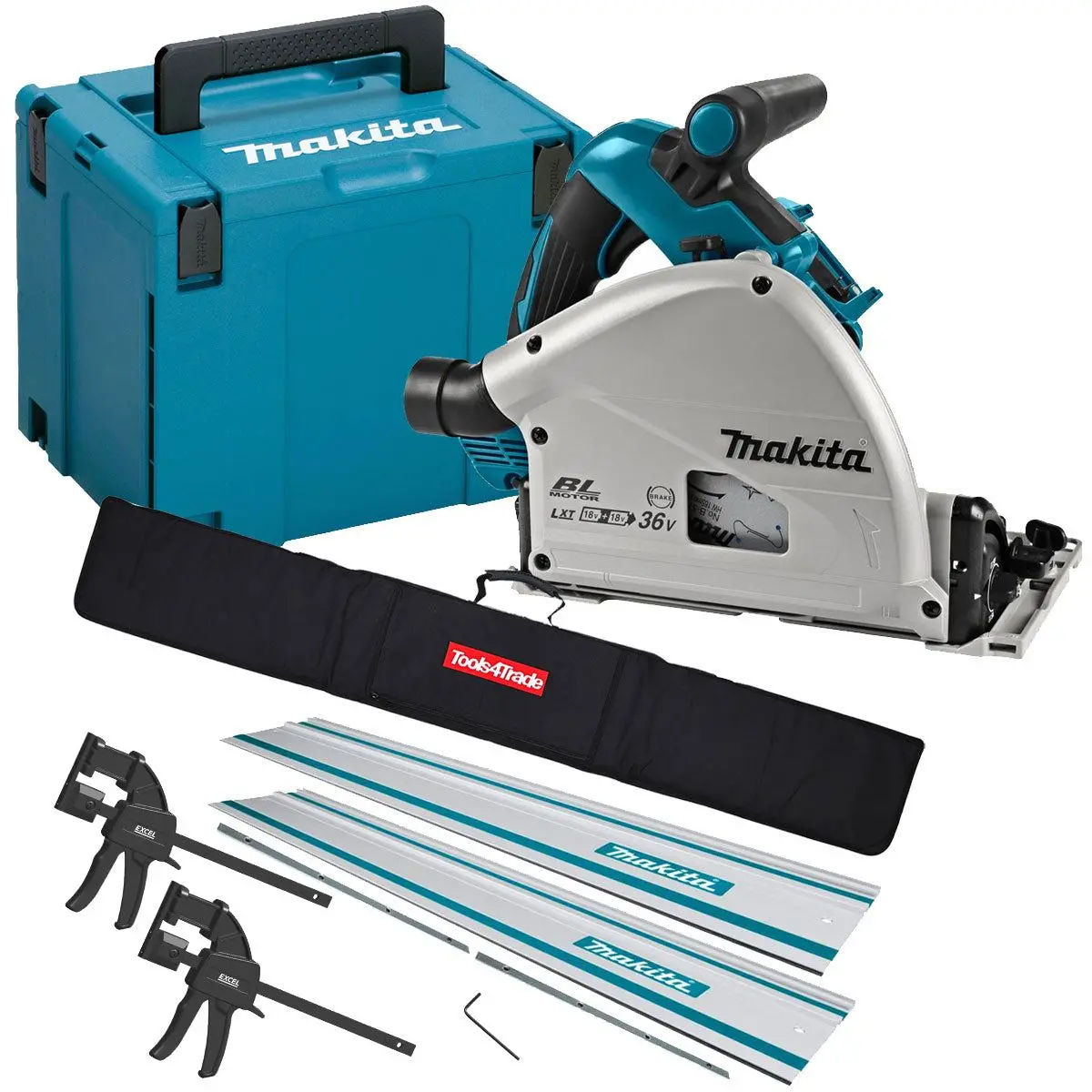 Makita Dsp601zju 36V Brushless Aws Plunge Saw Body Only With 2 X Guide Rail, Connector & Clamp Set 1
