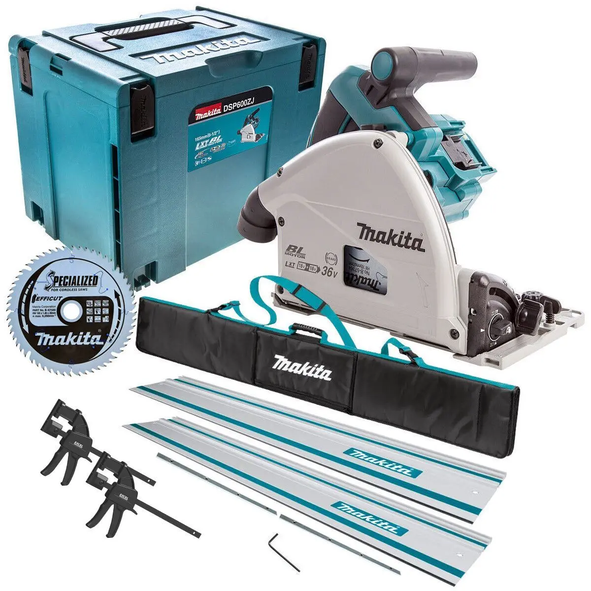 Makita Dsp600zj 36V Brushless 165Mm Plunge Saw Body Only With 2X1.5M Guide Rail+Clamp+Bag+Blade 1