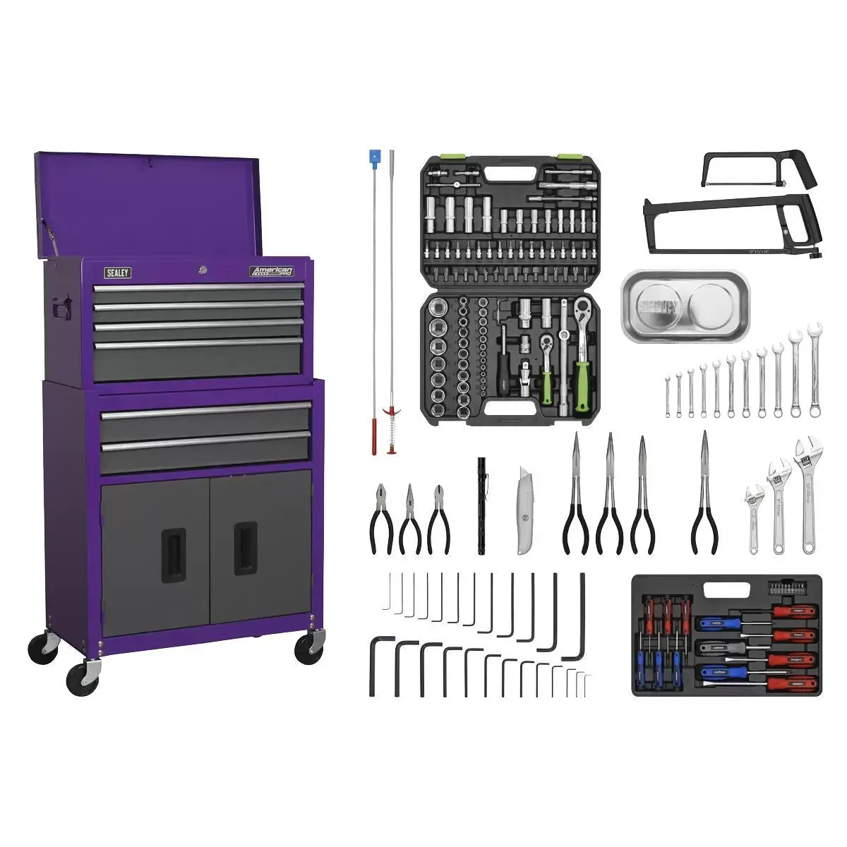 Sealey Ap2200combocp Topchest & Rollcab Combination 6 Drawer With Ball-Bearing Slides - Purple/Grey & 170Pc Tool Kit 1