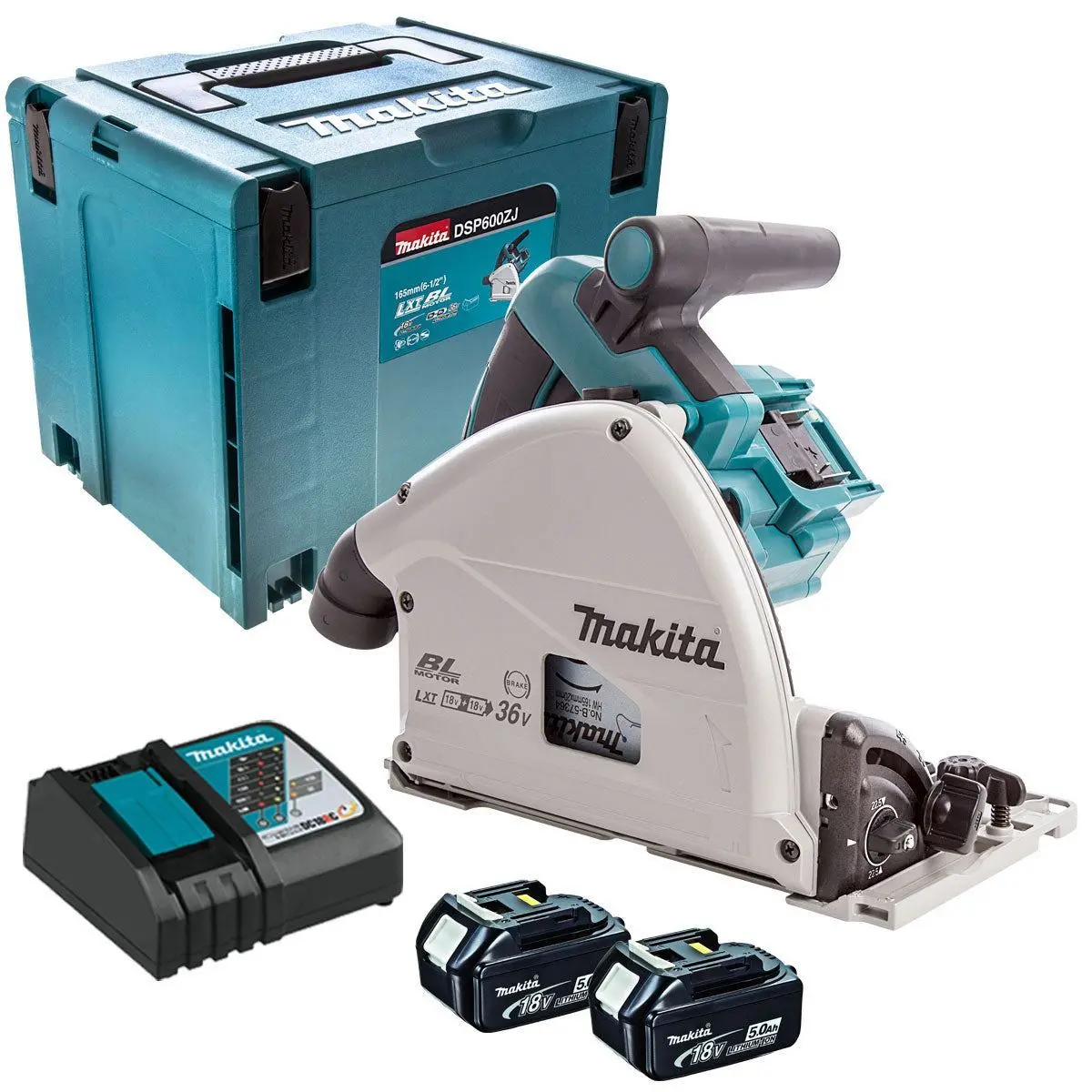 Makita Dsp600zj 36V Brushless 165Mm Plunge Saw With 2 X 5.0Ah Battery Charger & Makpac Case 1