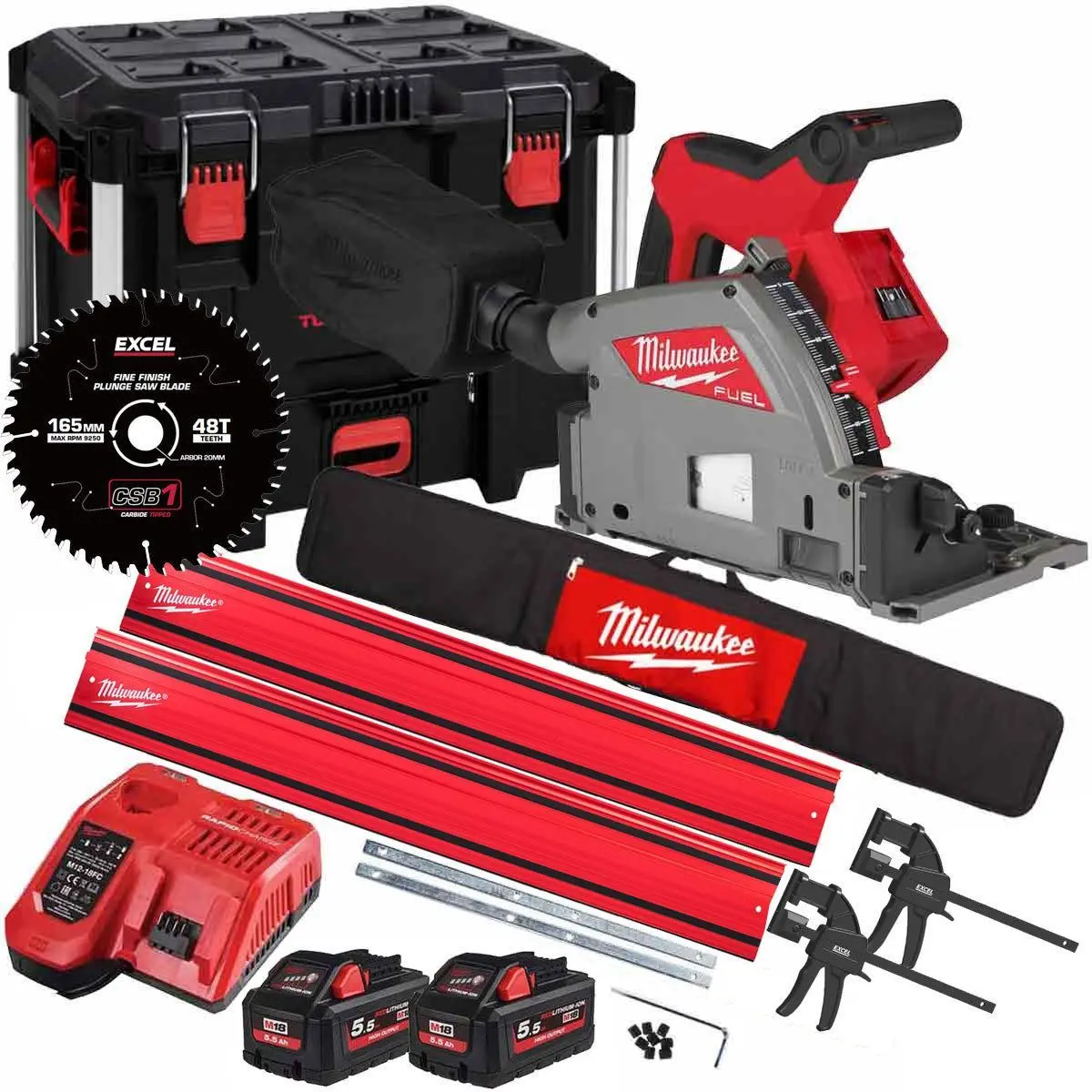 Milwaukee M18fps55-552P 18V 165Mm Fuel Brushless Plunge Saw + 2 X 5.5Ah Battery With Blade & Guide Rail Kit 1