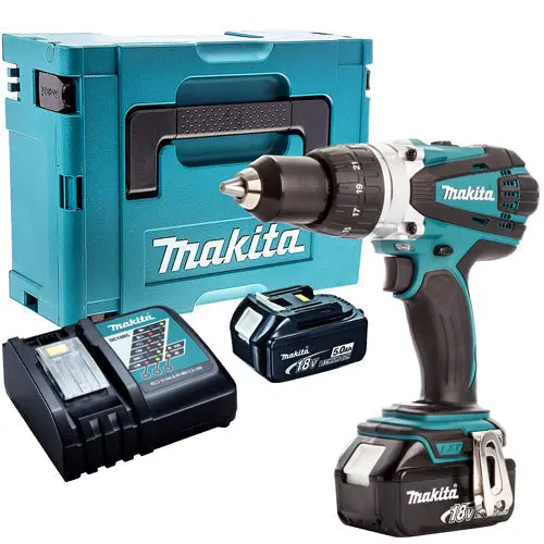 Makita Dhp458z 18V Combi Drill With 2 X 5.0Ah Batteries & Charger In Case 1