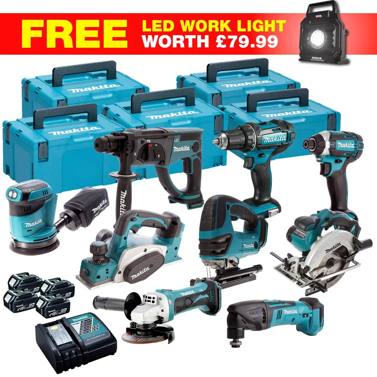 Makita 18V 10 Piece Combo Kit With 4 X 5.0Ah Batteries & Charger T4tkit-27802 1