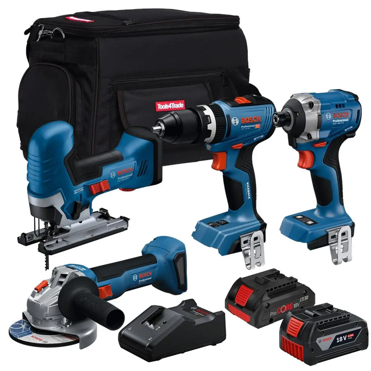 Bosch 18V 4 Piece Brushless Combo Tool Kit With 2 X Batteries & Charger T4tkit-28126 1