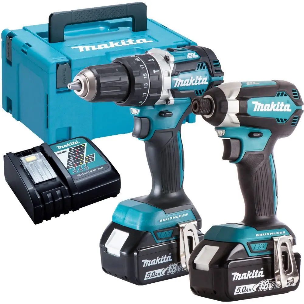 Makita Dlx2180tj 18V Lxt Brushless Combi Drill + Impact Driver Twin Kit With 2 X 5.0Ah Batteries, Charger In Case 1