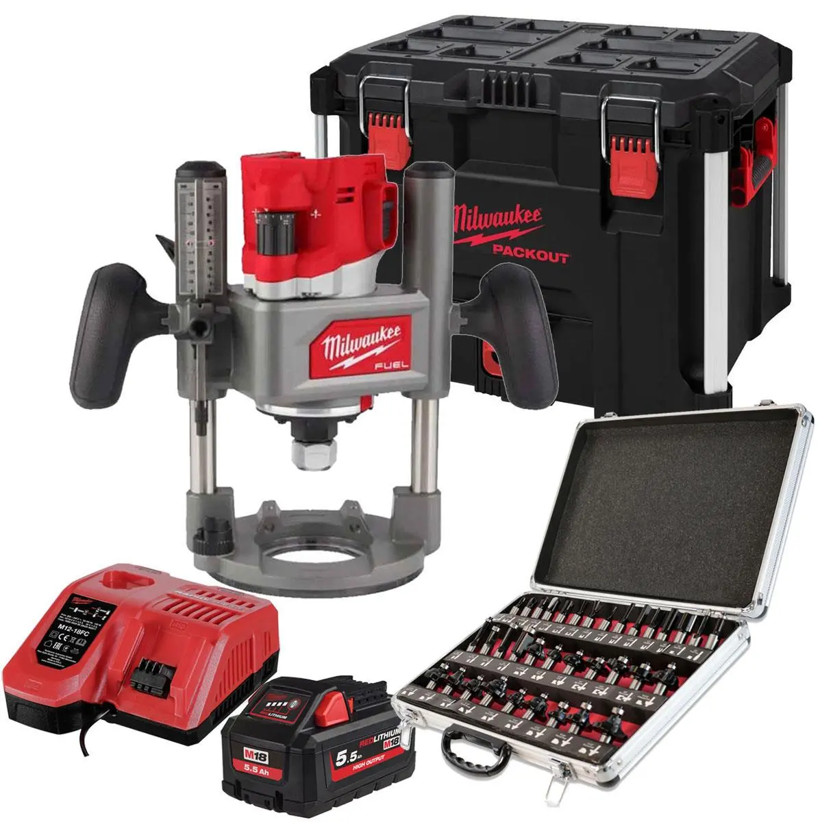 Milwaukee M18fr12kit 18V Fuel Brushless 1/2" Router Cutter With 1 X 5.5Ah Battery Charger Case & 35 Piece Cutter Set 1