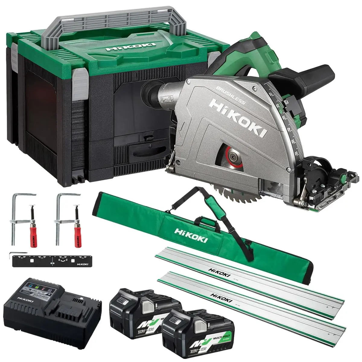 Hikoki C3606dpaw2z 36V Multivolt Brushless 165Mm Plunge Saw With 2 X 2.5Ah/5.0Ah Batteries With Guide Rail Kit 1