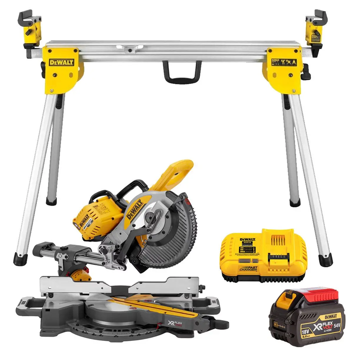 Dewalt Dcs727n 54V Xr Flexvolt Brushless Slide Mitre Saw With 1 X 6.0Ah Battery Charger & Leg Stand 1