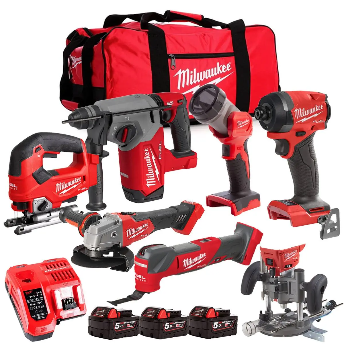 Milwaukee M18fpp6l3-503Bk28 18V Brushless 7 Piece Tool Kit With 3 X 5.0Ah Batteries Charger & Wheeled Bag 1