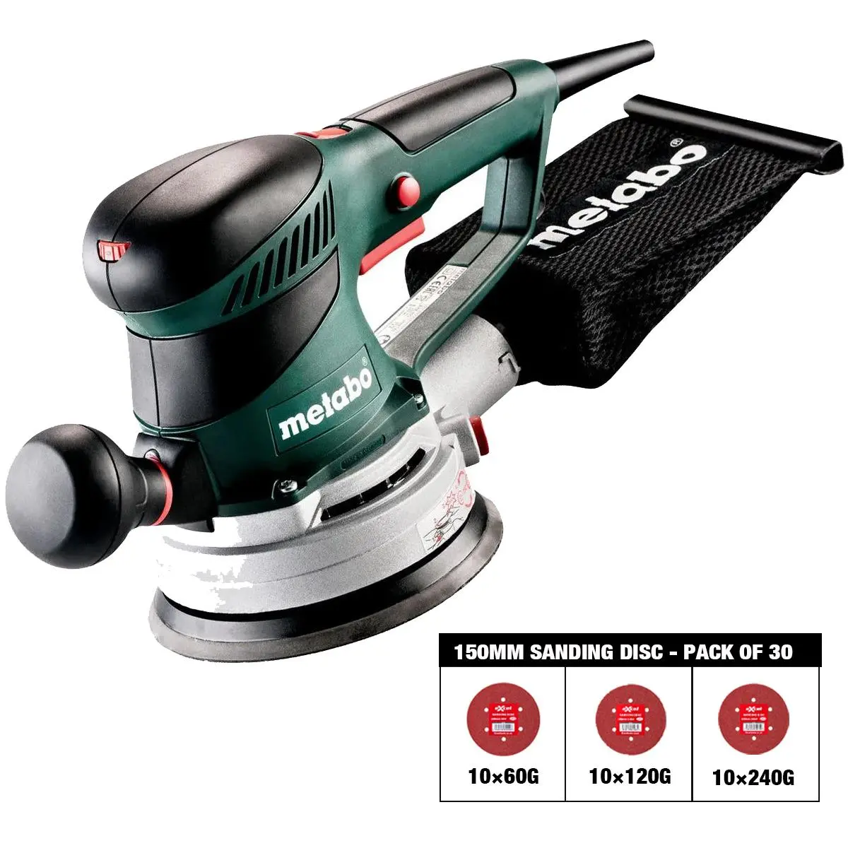 Metabo Sxe 450 Turbotec 150Mm Random Orbital Sander 110V 600129390 With Sanding Disc 60G, 120G, 240G Pack Of 30 1