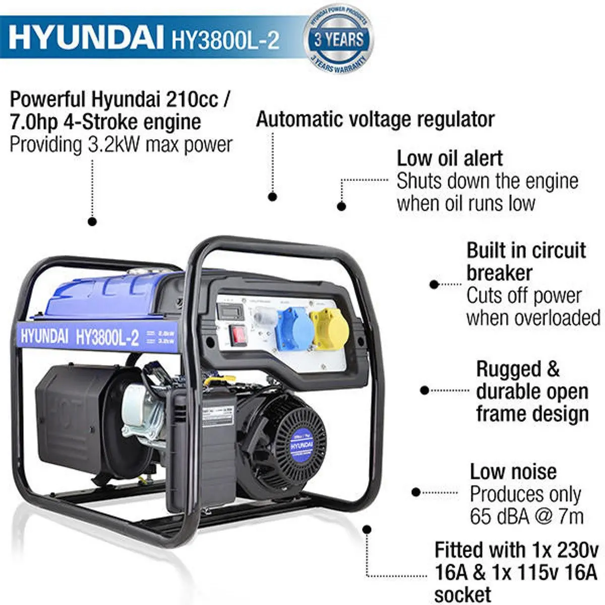 Hyundai Hy3800l-2 Petrol Site Open Generator With Recoil Start 3.2Kw / 4Kva 2