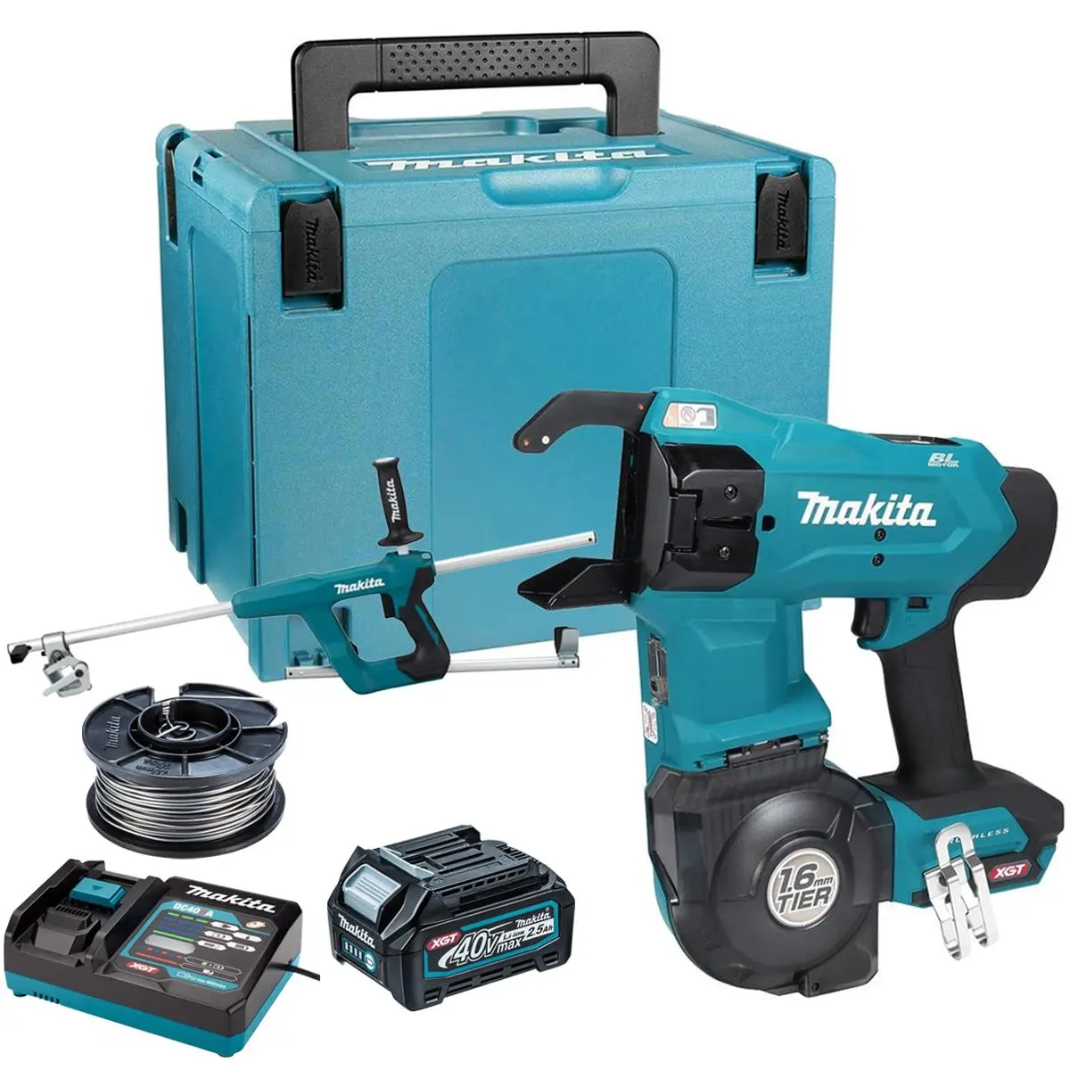 Makita Tr001gz 40V Max Xgt Brushless Rebar Tying Tool With Annealed Tie Wire + Extension Handle Set With 1 X 2.5Ah Battery Charger & Case 1