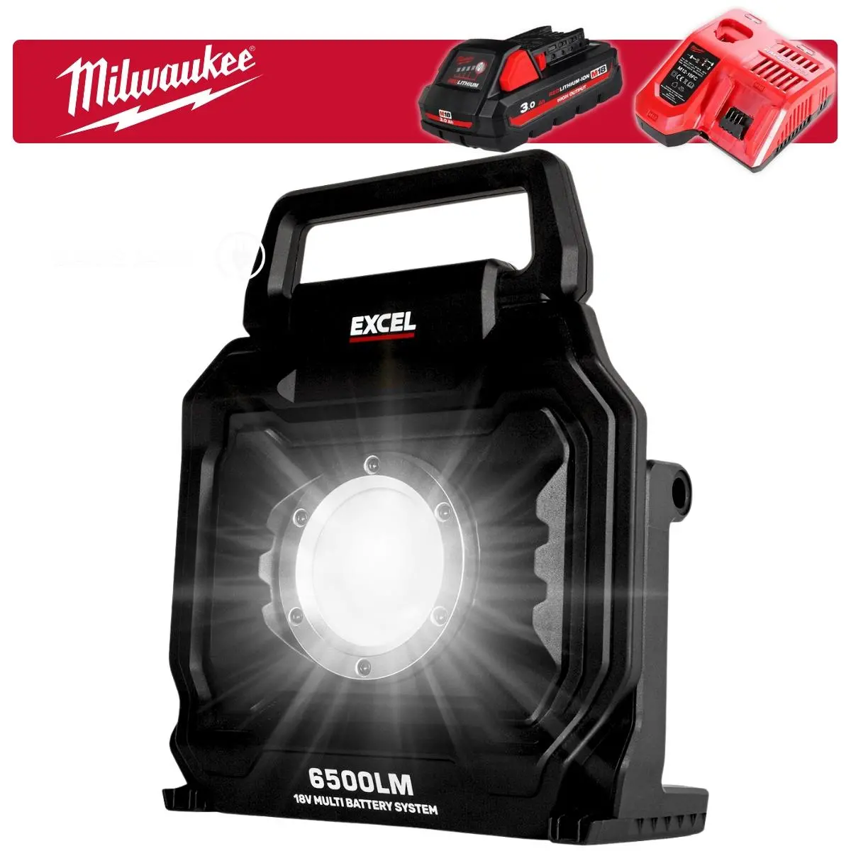 Excel 18V/240V Led Work Light 6500 Lumens With Milwaukee 1 X 3.0Ah High Output Battery & Charger 1