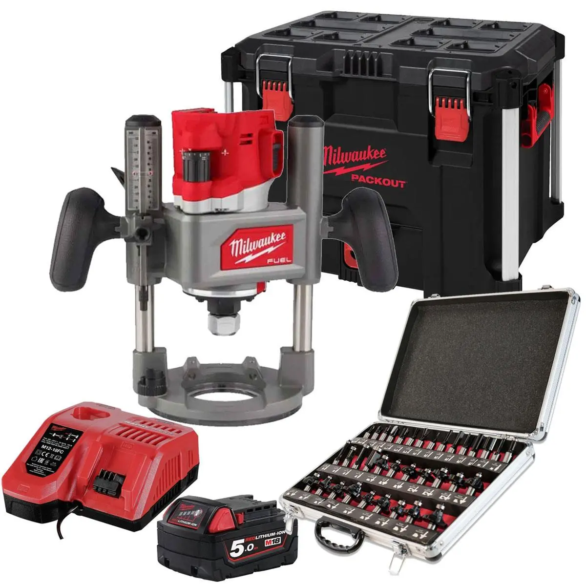 Milwaukee M18fr12kit 18V Fuel Brushless 1/2" Router Cutter With 1 X 5.0Ah Battery Charger Case & 35 Piece Cutter Set 1