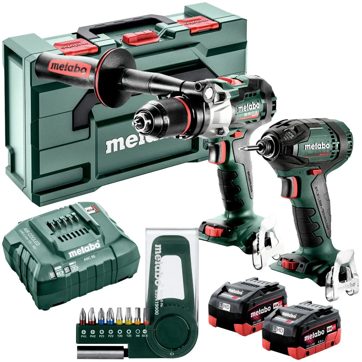 Metabo 2.1.15 18V Brushless Hammer Drill & Impact Driver With 2 X 5.5Ah Batteries Charger, 9 Pieces Screwdriver Bit Set 1