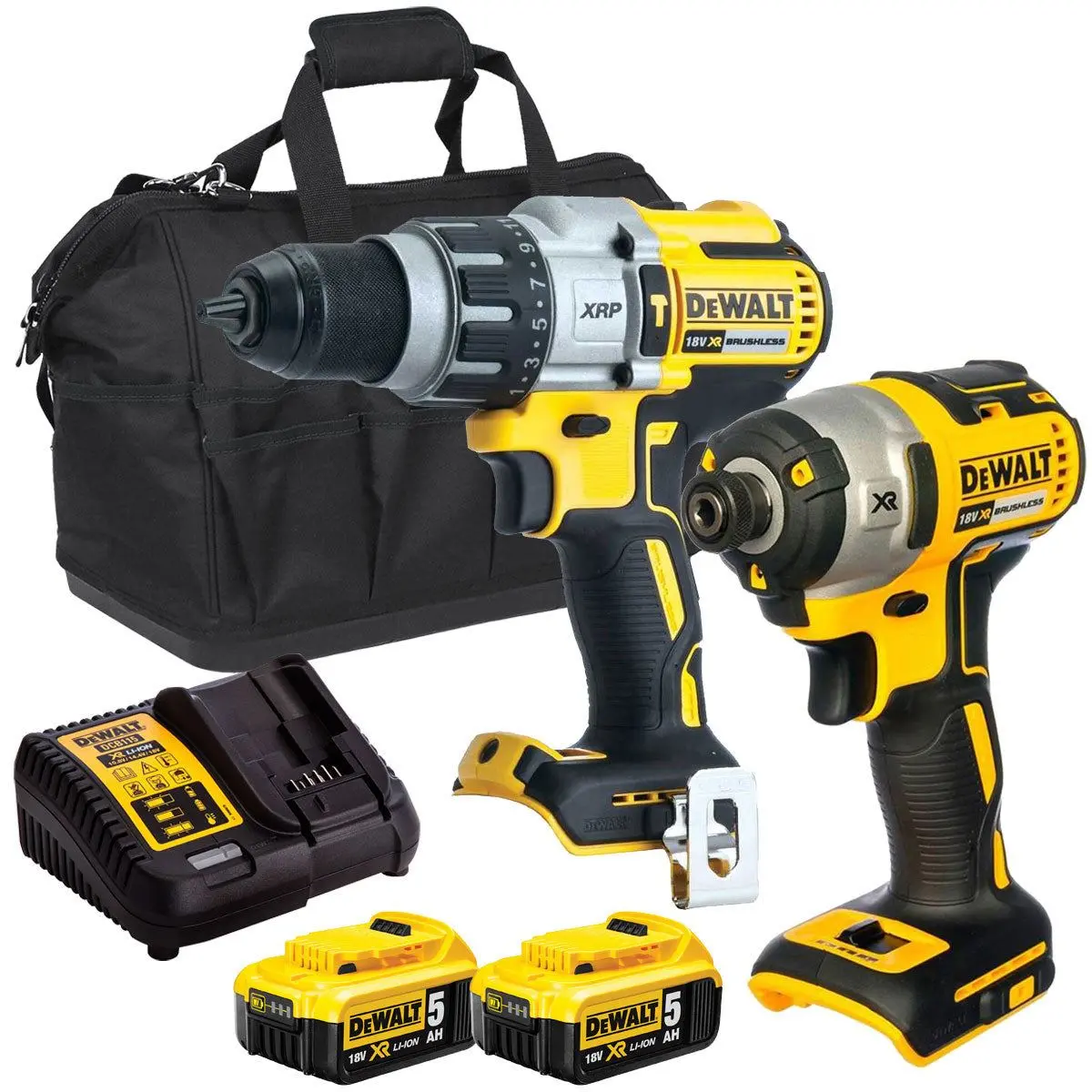 Dewalt 18V Brushless Twin Pack Impact Driver + Combi Drill With 2 X 5.0Ah Battery T4tkit-16180 1