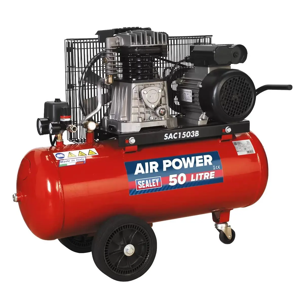 Sealey Sac1503b 50L Belt Drive Air Compressor With Cast Cylinders & Wheels 230V/13A 1