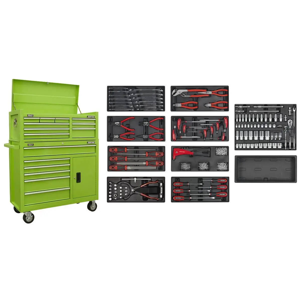 Sealey Ap41stackhvcombo Tool Chest Combination 15 Drawer With 117Pc Tool Kit Green 1