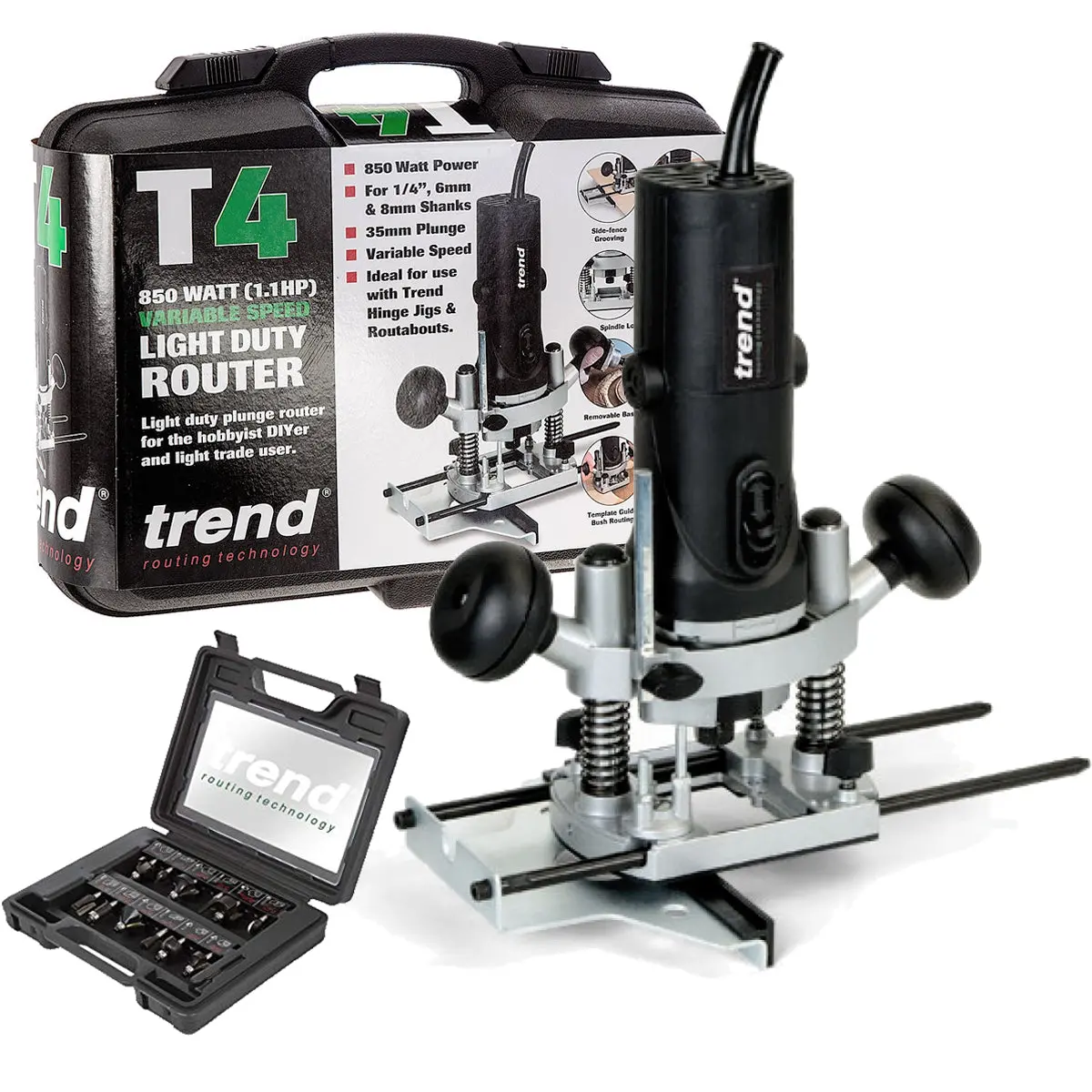 Trend T4ek 1/4" Variable Speed Router 230V 850W With 12 Piece Cutter Set 1