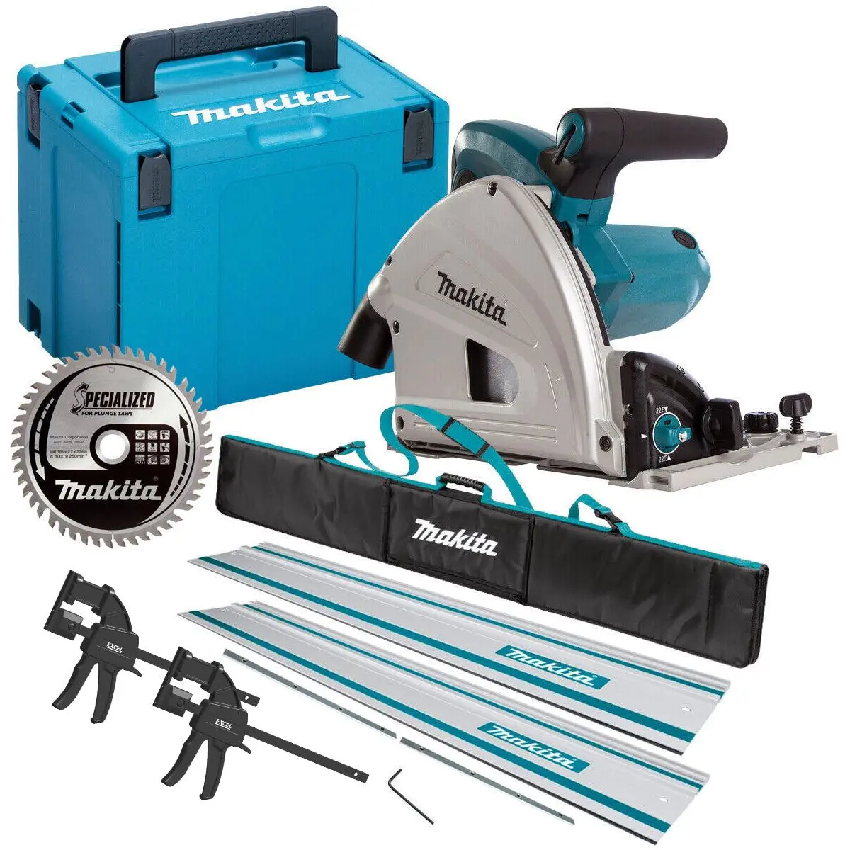 Makita Sp6000j/1 165Mm Plunge Saw 110V With 2 X 1.5M Guide Rail + Clamp + Bag + Blade 1