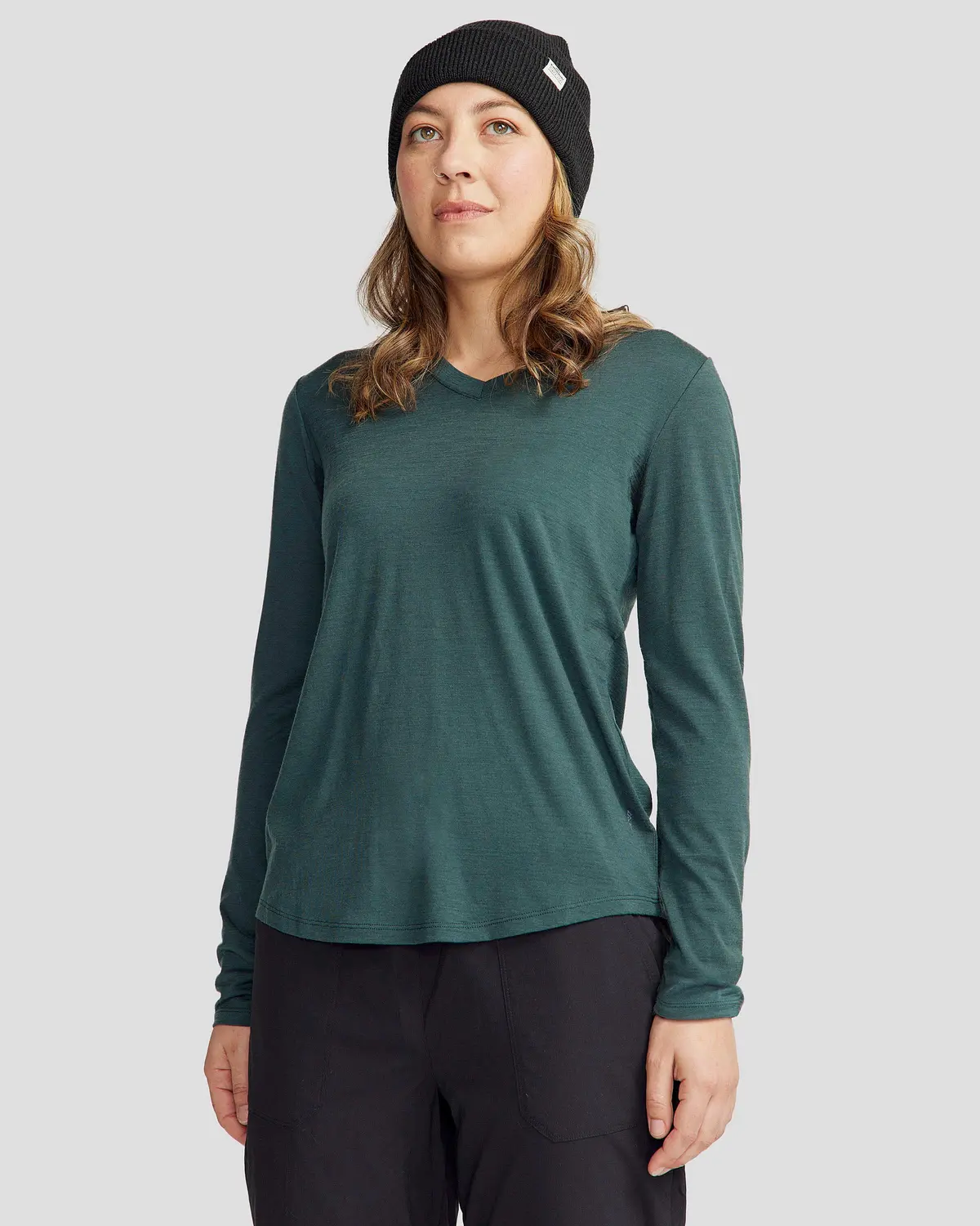 Women's 100% Merino Long Sleeve V-Top - Deep Forest 1