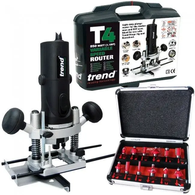 Trend T4ek 1/4" Variable Speed Router 230V/850W With 12 Piece Tct Cutter Set 1