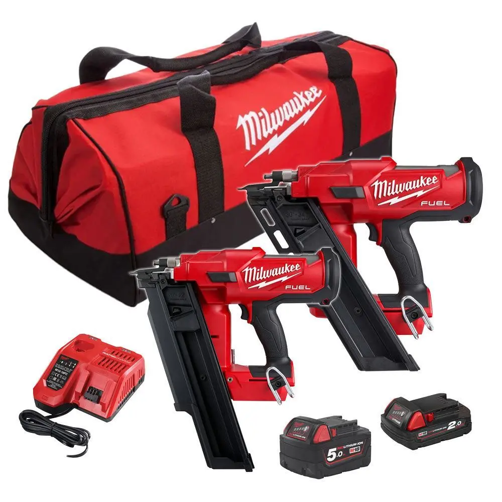 Milwaukee M18fpp2be-522B 18V Fuel Twin Nail Gun Nailer With 1 X 5.0Ah, 1 X 2.0Ah Battery Charger & Bag 4933492429 1