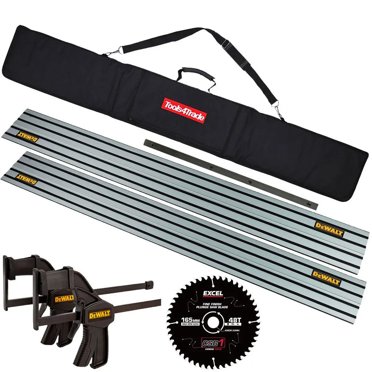 Dewalt Plunge Saw Kit 1.5M Guide Rail, Rail Bag, Connector, Twin Clamp, 48T Blade 1