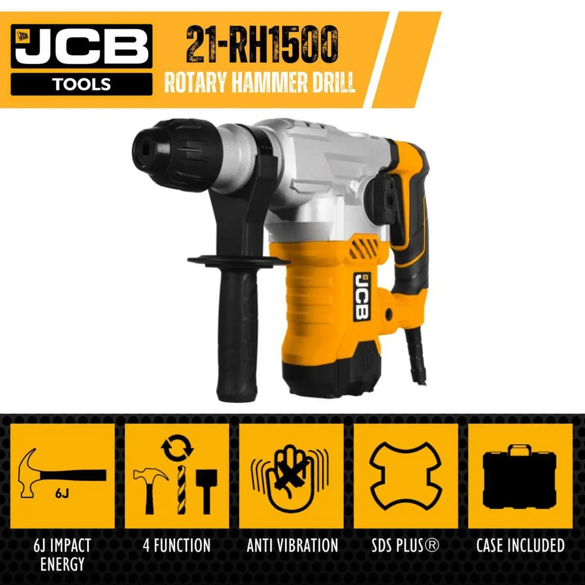 Jcb 21-Rh1500 Corded Sds Plus Rotary Hammer Drill Anti-Vibration Handle With 3M Cable 230V/1500W 2