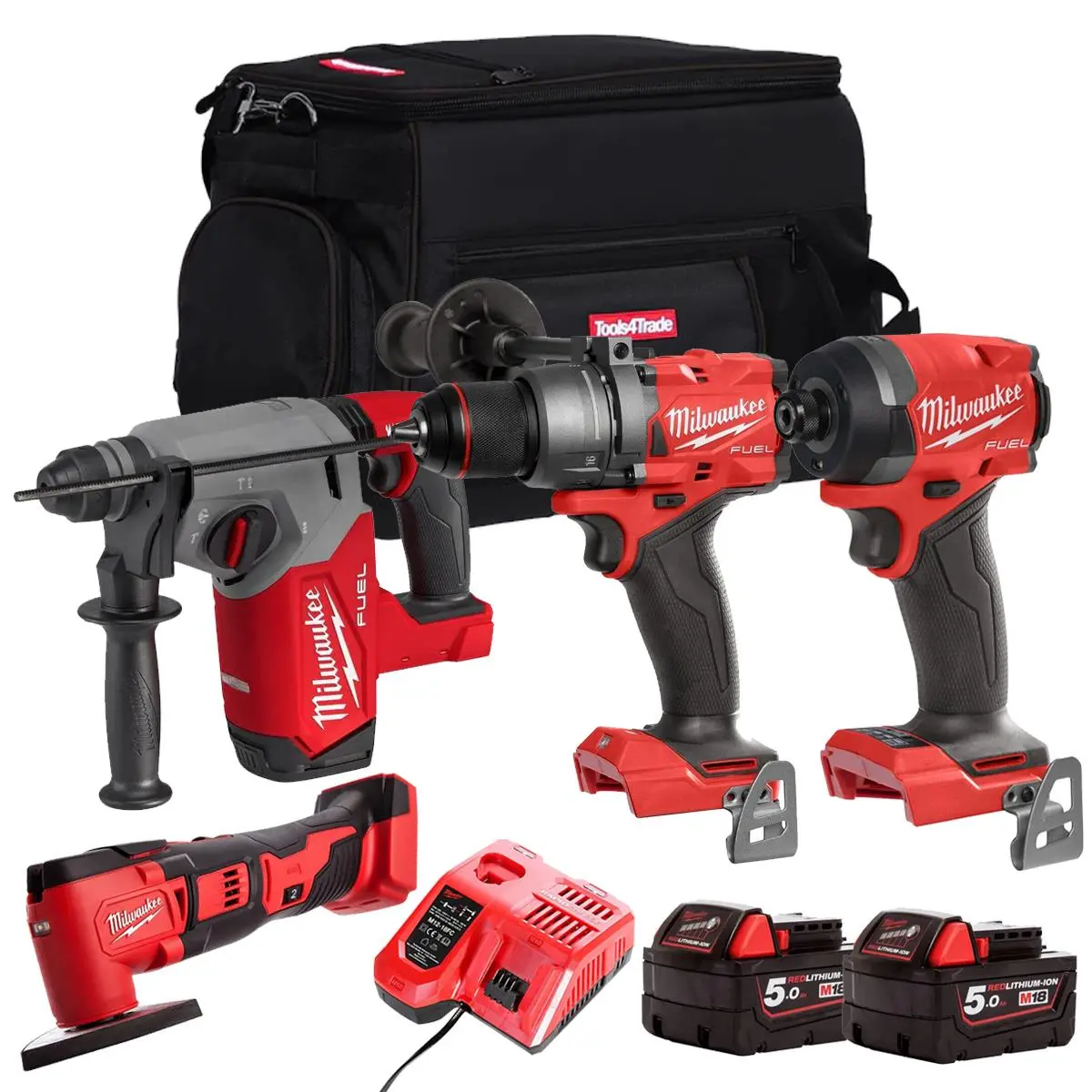 Milwaukee M18fpp21z-502B 18V 4 Piece Power Tool Kit With 2 X 5.0Ah Batteries Charger & Bag 1